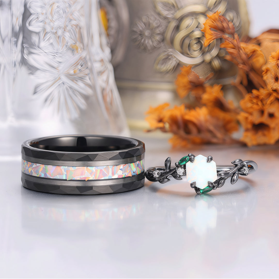 Pink White Opal Leaf Matching Engagement and Wedding Rings Black Plated Unique Couple Rings -  Esdomera.com