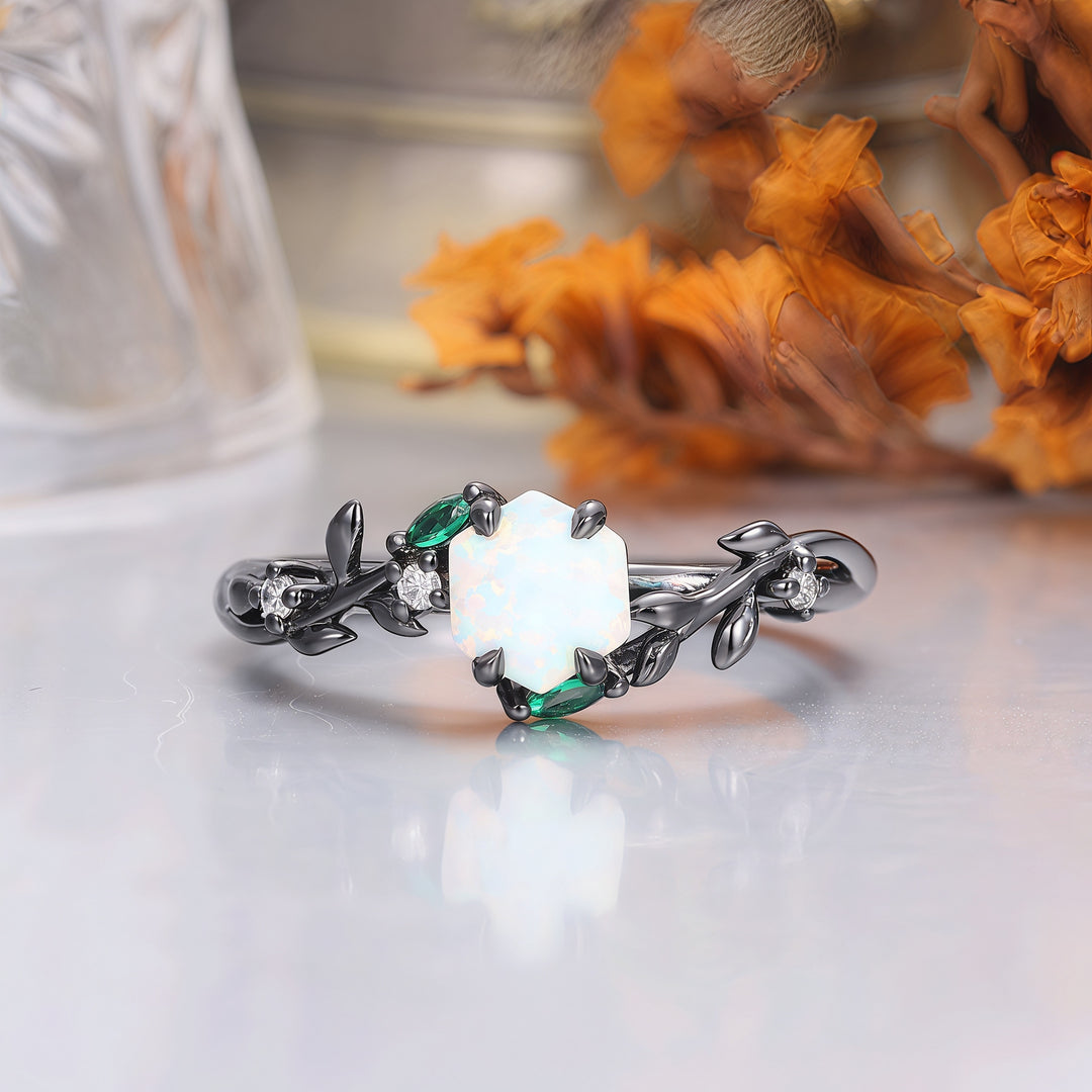 Pink White Opal Leaf Matching Engagement and Wedding Rings Black Plated Unique Couple Rings -  Esdomera.com