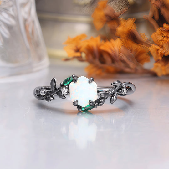 Pink White Opal Leaf Matching Engagement and Wedding Rings Black Plated Unique Couple Rings -  Esdomera.com