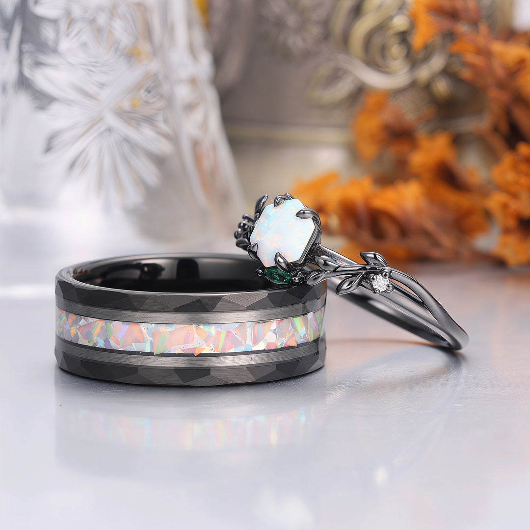 Pink White Opal Leaf Matching Engagement and Wedding Rings Black Plated Unique Couple Rings -  Esdomera.com