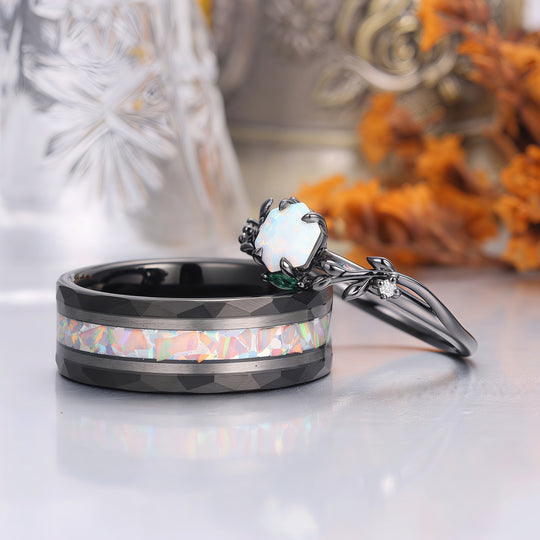 Pink White Opal Leaf Matching Engagement and Wedding Rings Black Plated Unique Couple Rings -  Esdomera.com