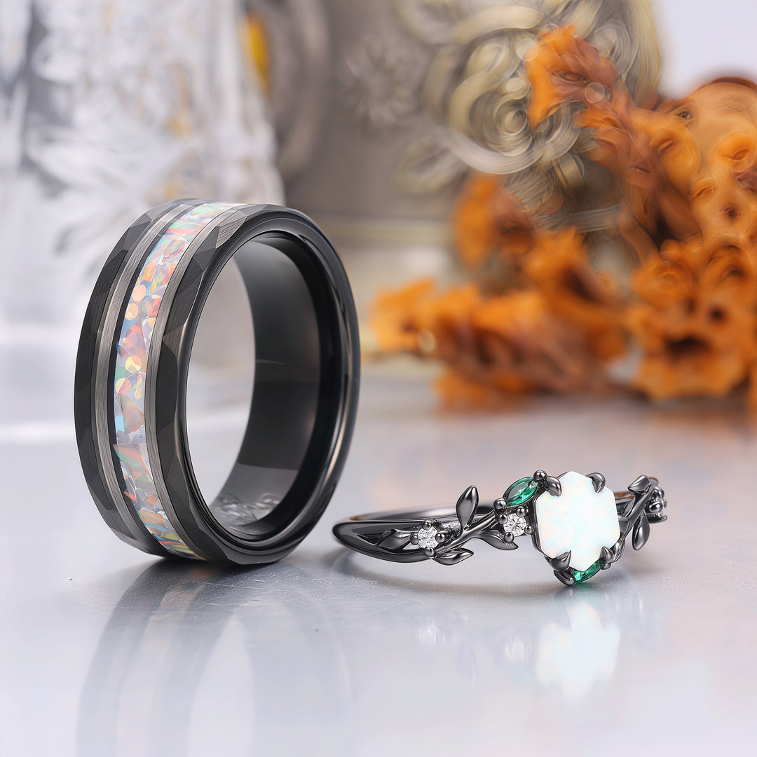Pink White Opal Leaf Matching Engagement and Wedding Rings Black Plated Unique Couple Rings -  Esdomera.com