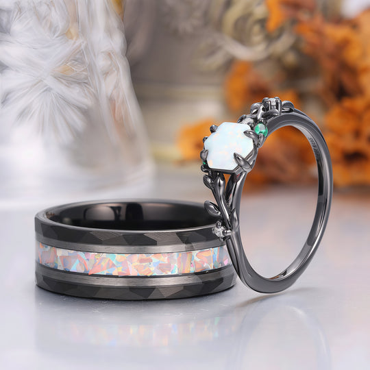Pink White Opal Leaf Matching Engagement and Wedding Rings Black Plated Unique Couple Rings -  Esdomera.com