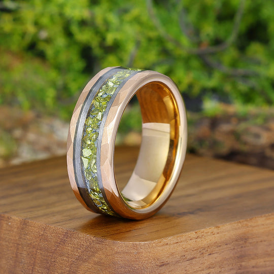 Crushed Peridot Wedding Band Yellow Green Mens Tungsten Ring Promise Statement Ring