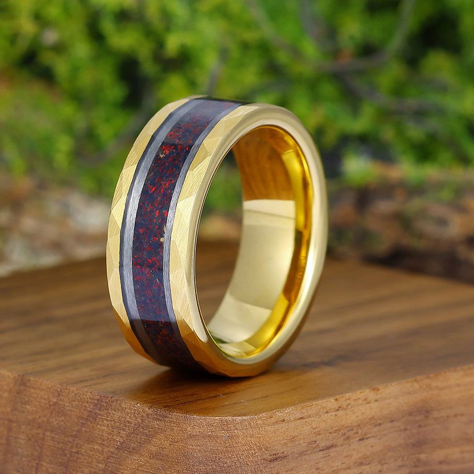 Red Fire Opal Wedding Band Men' s Opal Tungsten Ring Hammered Unisex Anniversary Ring