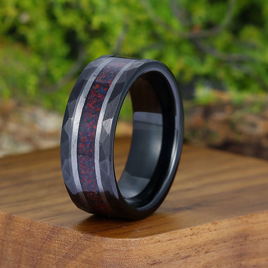 Red Fire Opal Wedding Band Men' s Opal Tungsten Ring Hammered Unisex Anniversary Ring