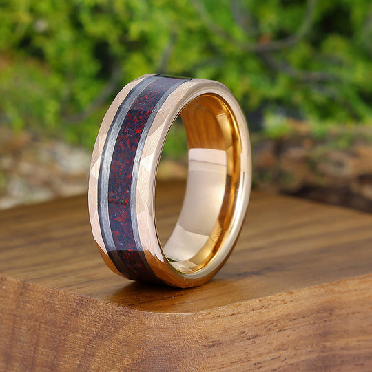 Red Fire Opal Wedding Band Men' s Opal Tungsten Ring Hammered Unisex Anniversary Ring