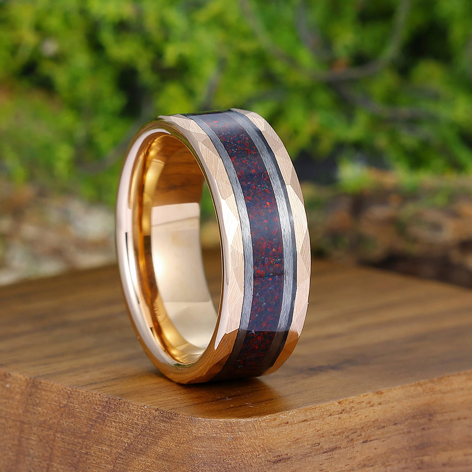 Red Fire Opal Wedding Band Men' s Opal Tungsten Ring Hammered Unisex Anniversary Ring