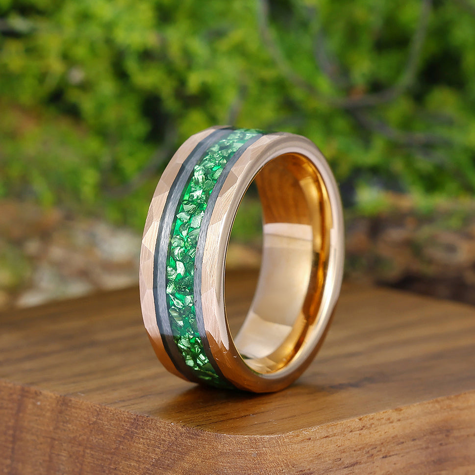 Green Emerald Men' s Tungsten Ring Hammered Unisex Anniversary Birthday Wedding Band