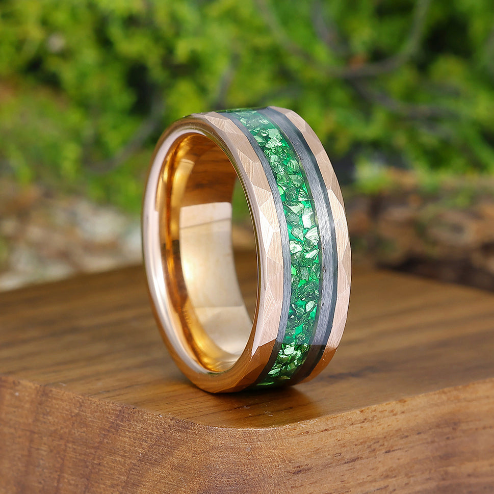 Green Emerald Men' s Tungsten Ring Hammered Unisex Anniversary Birthday Wedding Band