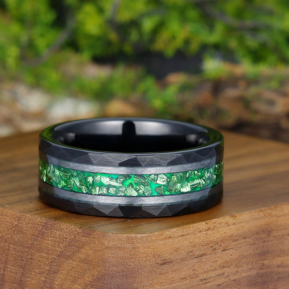 Green Emerald Men' s Tungsten Ring Hammered Unisex Anniversary Birthday Wedding Band