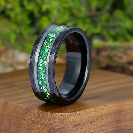 Green Emerald Men' s Tungsten Ring Hammered Unisex Anniversary Birthday Wedding Band