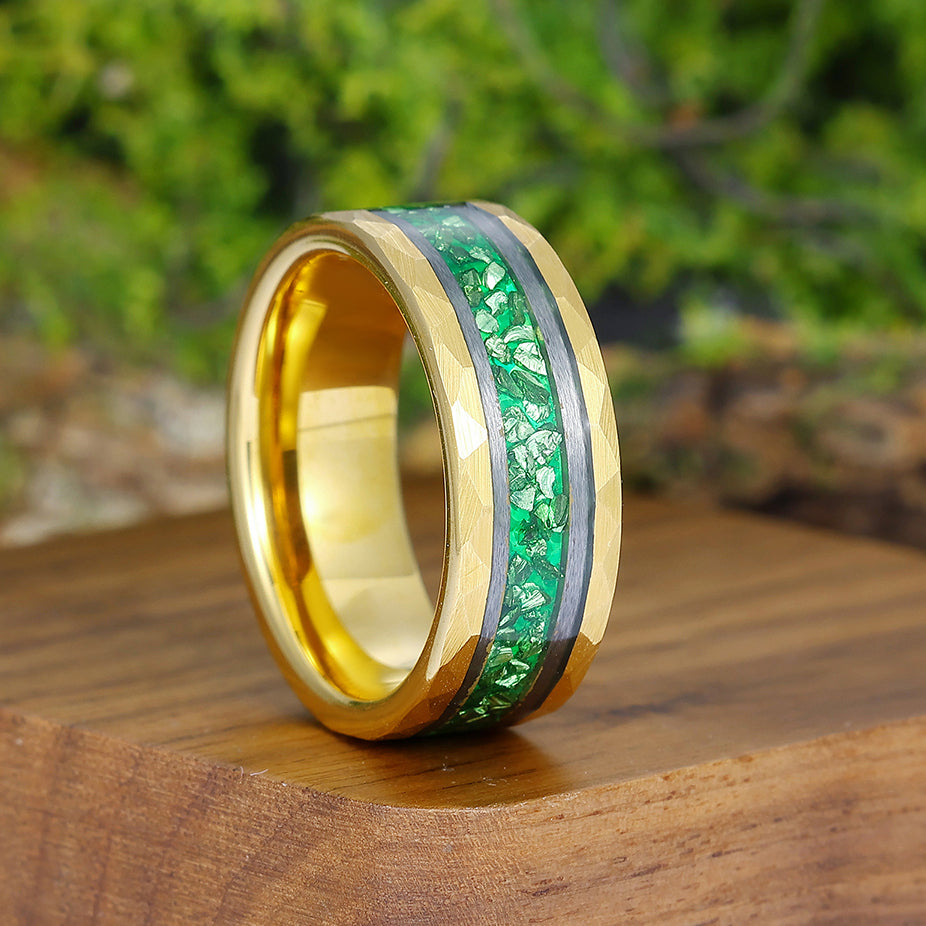 Green Emerald Men' s Tungsten Ring Hammered Unisex Anniversary Birthday Wedding Band