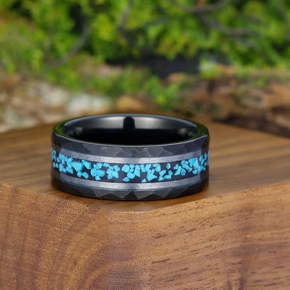 Unique Blue Green Turquoise Men' s Tungsten Ring Hammered Men And Women Anniversary Birthday Ring