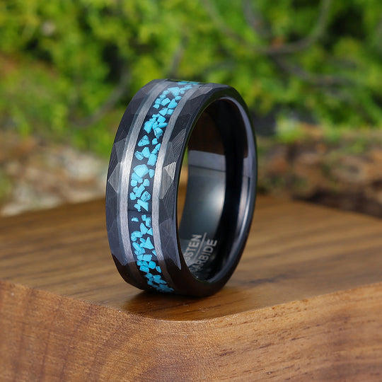 Unique Blue Green Turquoise Men' s Tungsten Ring Hammered Men And Women Anniversary Birthday Ring