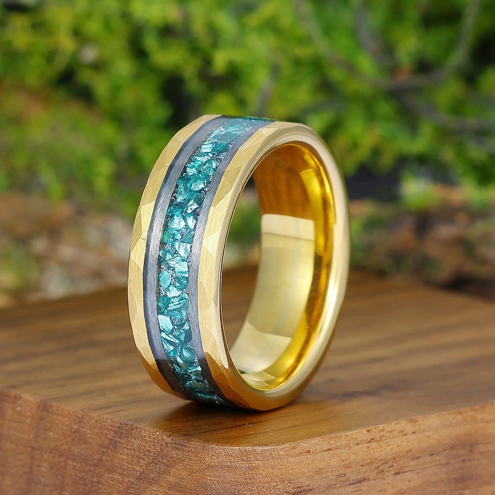 Aquamarine Hammered Hammered Tungsten Wedding Band For Men And Women 8mm Engraving Ring -  Esdomera.com