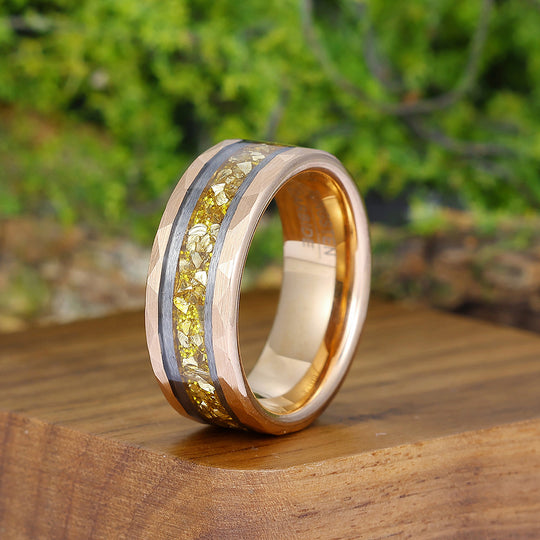 8mm Yellow Citrine Mens Engagement Band Hammered Promise Ring for Him And Her