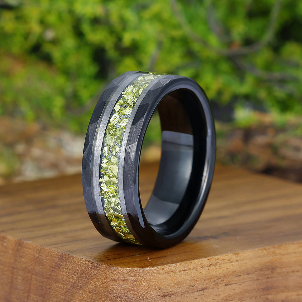 Crushed Peridot Wedding Band Yellow Green Mens Tungsten Ring Promise Statement Ring