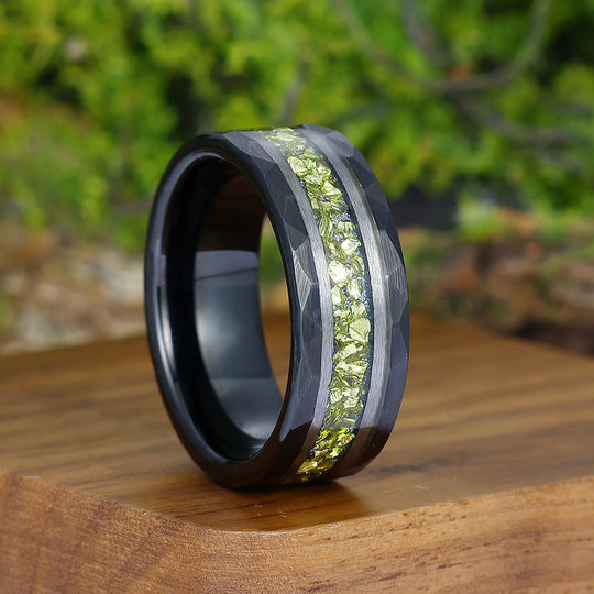 Crushed Peridot Wedding Band Yellow Green Mens Tungsten Ring Promise Statement Ring