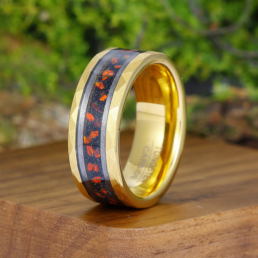 Hammered Red Opal 8mm Wide Men' s Tungsten Wedding Band Stylish Unisex Ring