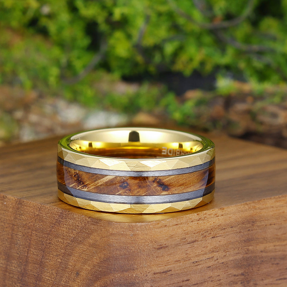 Unique Hammered Wood Men' s Tungsten Wedding Band Unisex Wooden Anniversary Brithday Ring