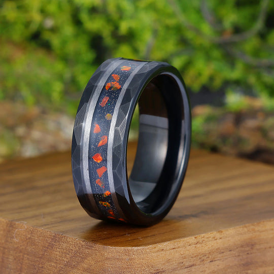 Hammered Red Opal 8mm Wide Men' s Tungsten Wedding Band Stylish Unisex Ring