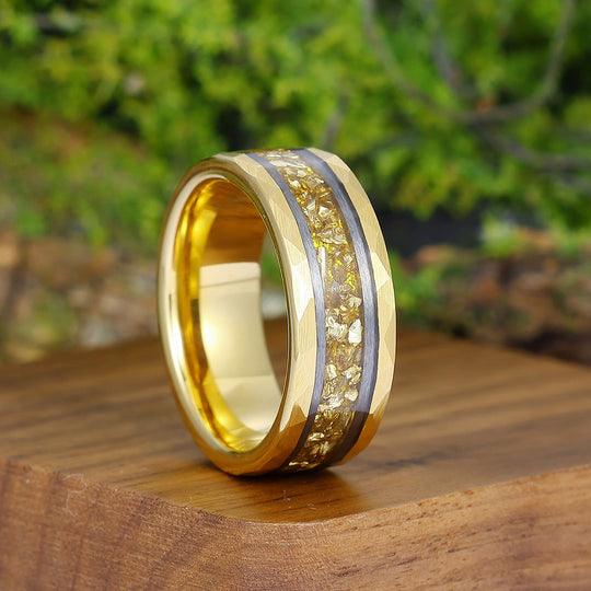 8mm Yellow Citrine Mens Engagement Band Hammered Promise Ring for Him And Her