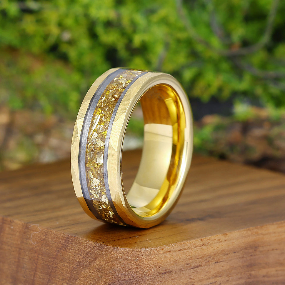 8mm Yellow Citrine Mens Engagement Band Hammered Promise Ring for