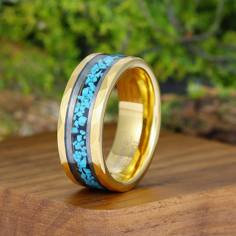 Unique Blue Green Turquoise Men' s Tungsten Ring Hammered Men And Women Anniversary Birthday Ring