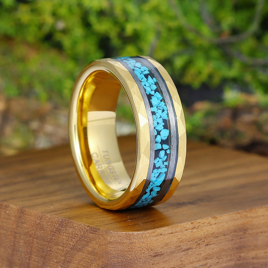 Unique Blue Green Turquoise Men' s Tungsten Ring Hammered Men And Women Anniversary Birthday Ring