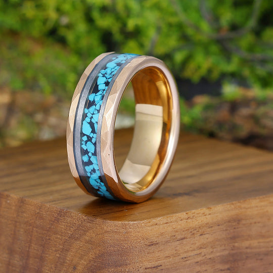 Unique Blue Green Turquoise Men' s Tungsten Ring Hammered Men And Women Anniversary Birthday Ring