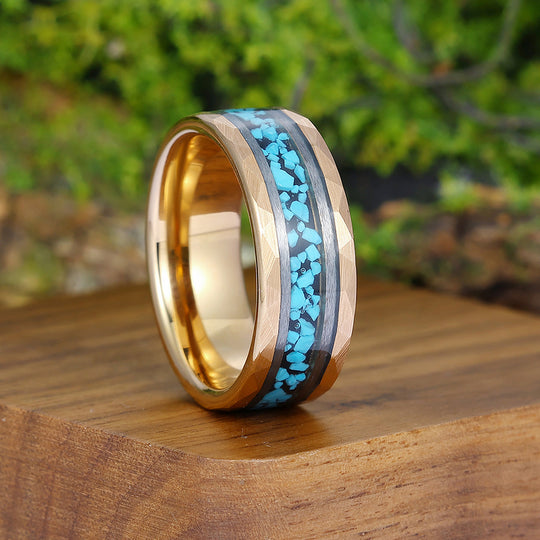 Unique Blue Green Turquoise Men' s Tungsten Ring Hammered Men And Women Anniversary Birthday Ring