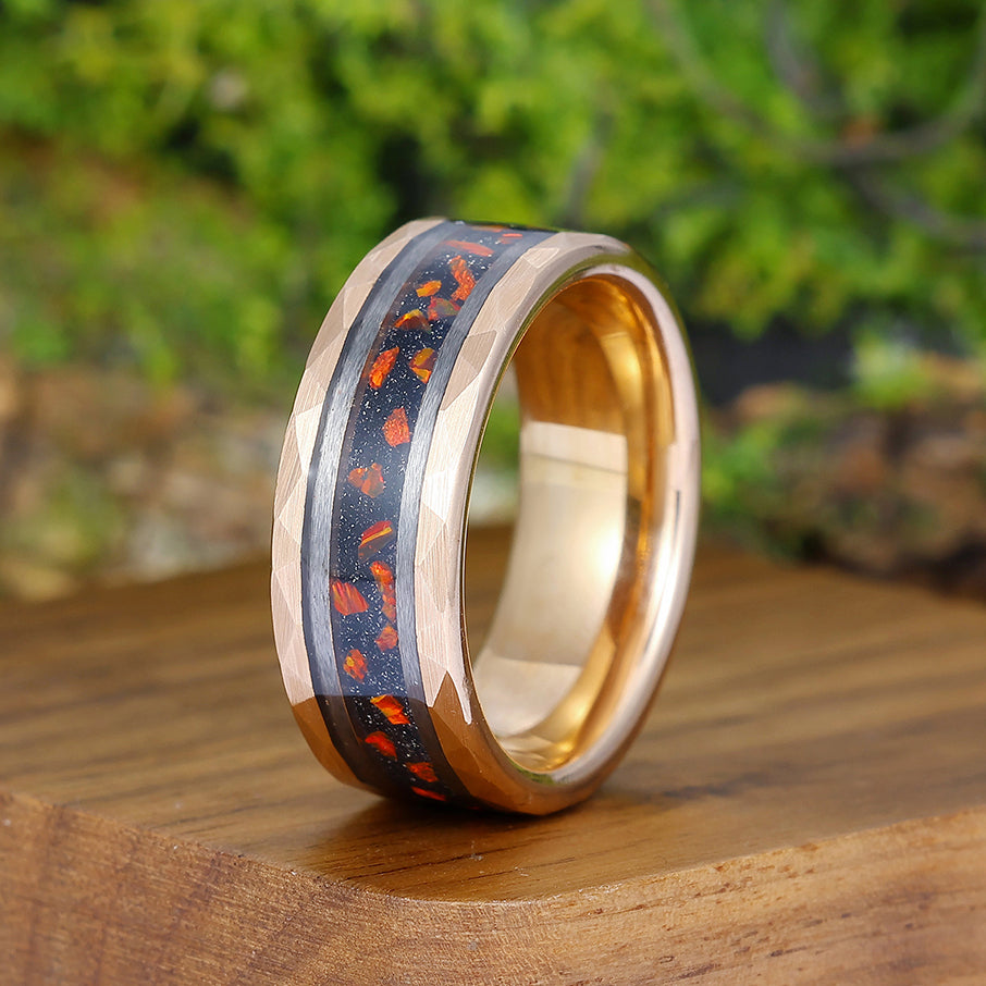 Hammered Red Opal 8mm Wide Men' s Tungsten Wedding Band Stylish Unisex Ring