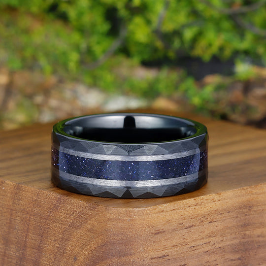 Starry Dark Blue Sandstone Wide Men' s Tungsten Wedding Band Promise Hammered Unisex Ring