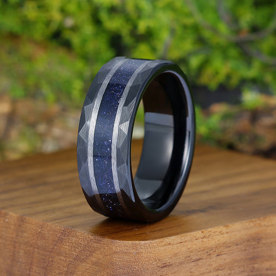 Starry Dark Blue Sandstone Wide Men' s Tungsten Wedding Band Promise Hammered Unisex Ring