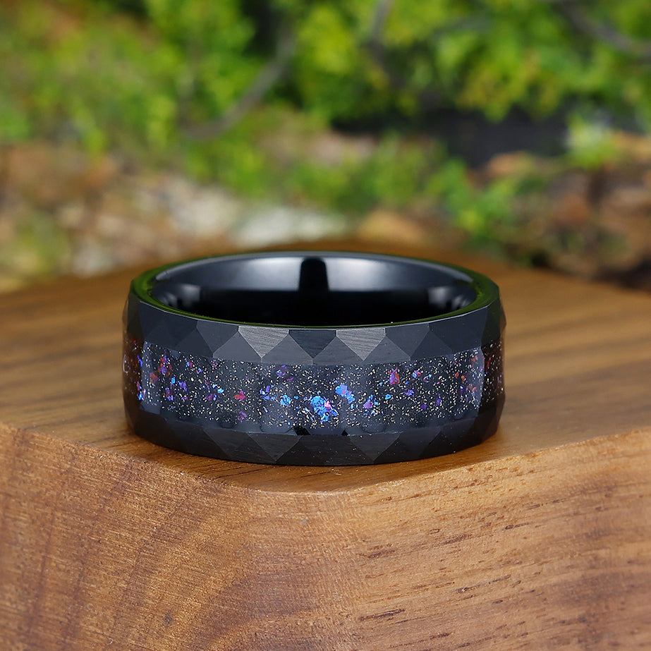 Starry Galaxy Crushed Blue Opal Tungsten Men' s Wedding Band Black Promise Unisex Ring