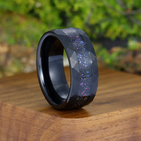 Starry Galaxy Crushed Blue Opal Tungsten Men' s Wedding Band Black Promise Unisex Ring