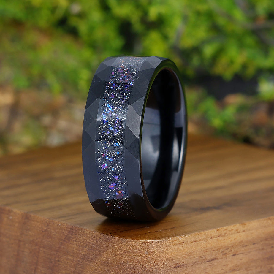 Starry Galaxy Crushed Blue Opal Tungsten Men' s Wedding Band Black Promise Unisex Ring