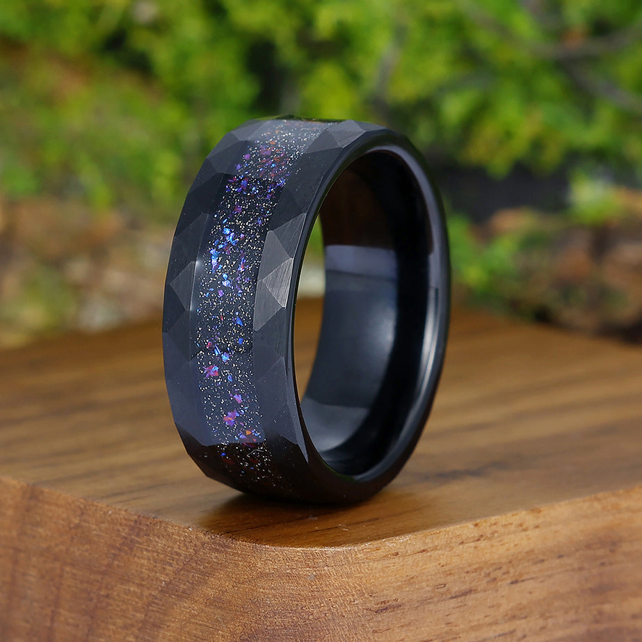 Starry Galaxy Crushed Blue Opal Tungsten Men' s Wedding Band Black Promise Unisex Ring -  Esdomera.com