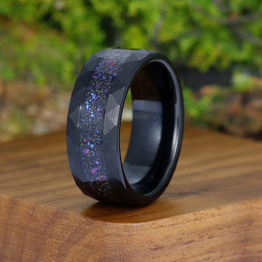 Starry Galaxy Crushed Blue Opal Tungsten Men' s Wedding Band Black Promise Unisex Ring