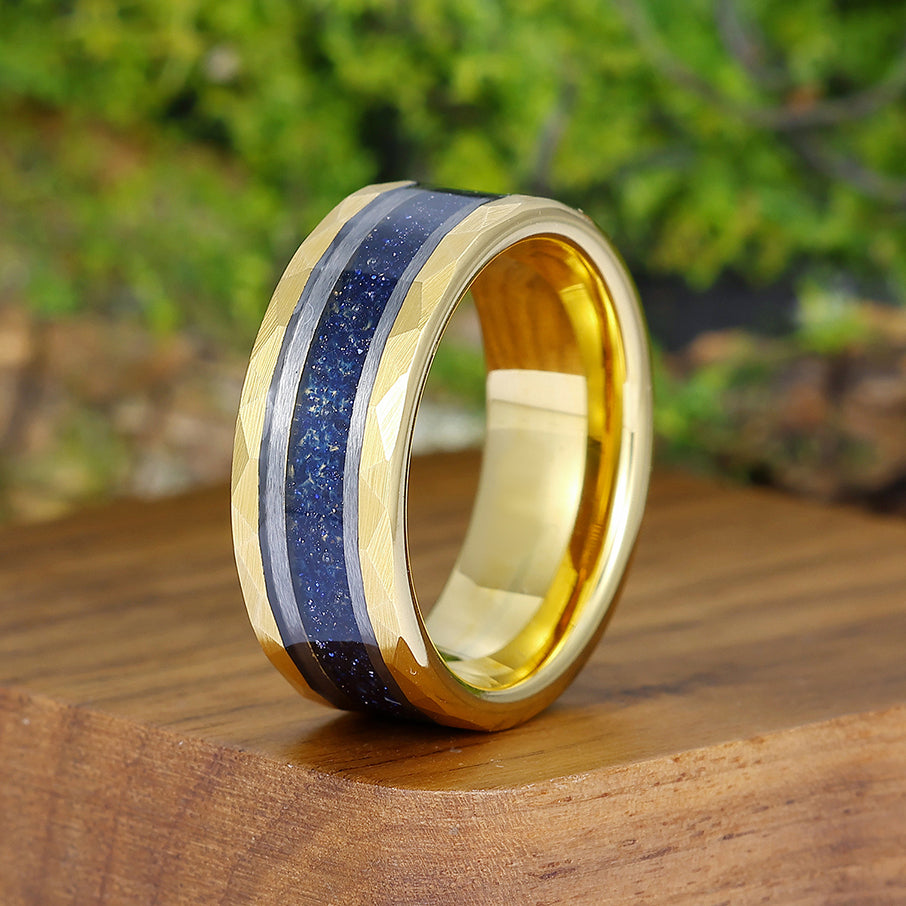 Starry Dark Blue Sandstone Wide Men' s Tungsten Wedding Band Promise Hammered Unisex Ring