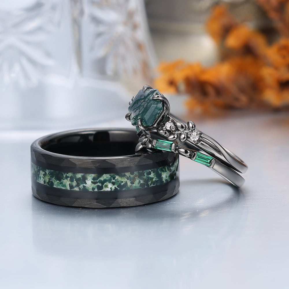 Set di Anelli Coppia a Forma di Grano in Agata Muschio Naturale Verde Anello Coordinato Anello di Matrimonio