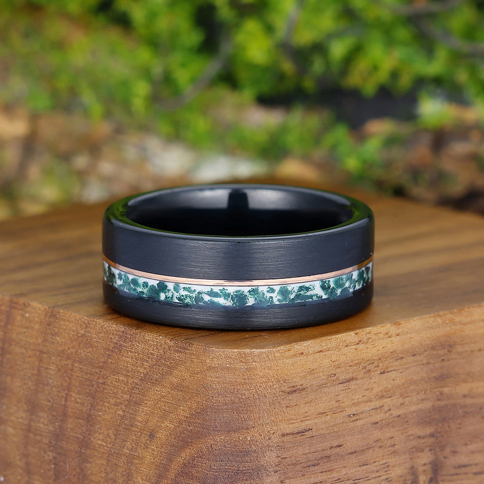 8mm Wide Moss Agate Men' s Tungsten Ring Rose Gold Line Black