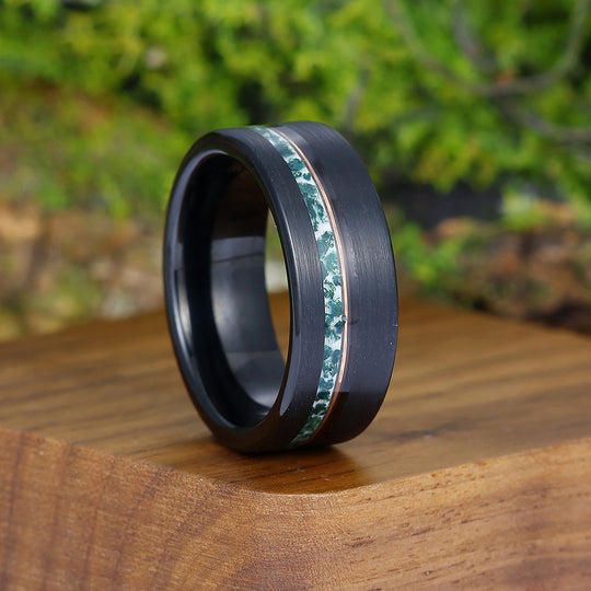 8mm Wide Moss Agate Men' s Tungsten Ring Rose Gold Line Black Promise Unisex Wedding Band