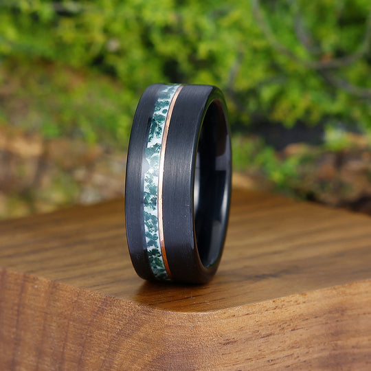 8mm Wide Moss Agate Men' s Tungsten Ring Rose Gold Line Black Promise Unisex Wedding Band