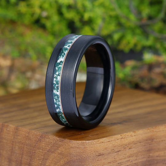 8mm Wide Moss Agate Men' s Tungsten Ring Rose Gold Line Black Promise Unisex Wedding Band