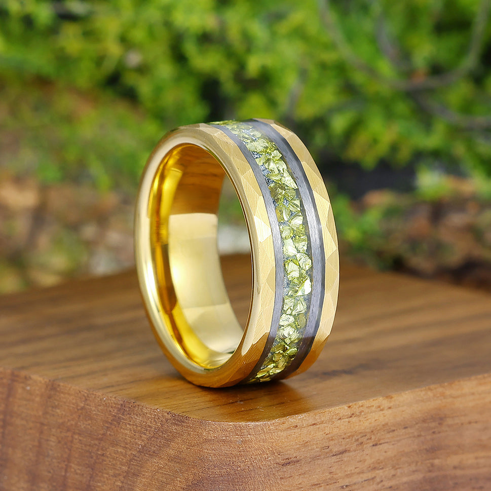 Crushed Peridot Wedding Band Yellow Green Mens Tungsten Ring Promise Statement Ring