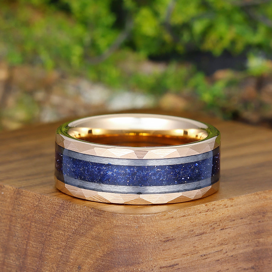 Starry Dark Blue Sandstone Wide Men' s Tungsten Wedding Band Promise Hammered Unisex Ring