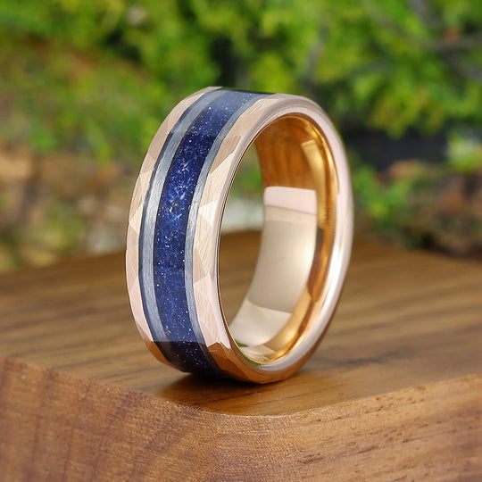 Starry Dark Blue Sandstone Wide Men' s Tungsten Wedding Band Promise Hammered Unisex Ring