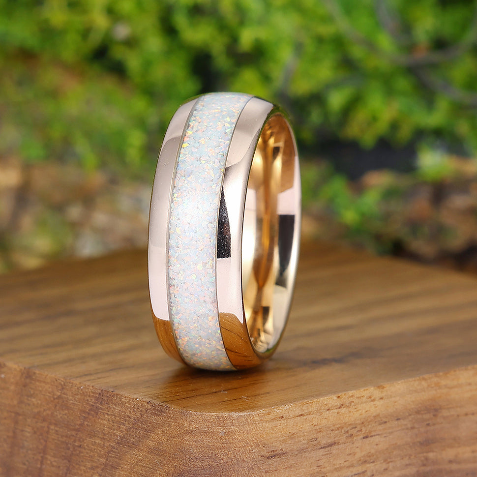 Polished Snow White Opal Men' s Tungsten Ring Rose Gold Plated Promise Unisex Wedding Band